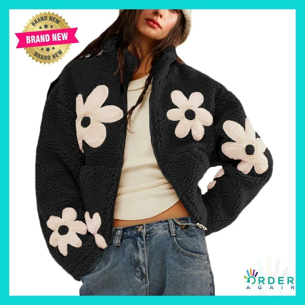 Floral Print Sherpa Fleece Cropped Jacket Oversized Y2K Chic Winter Casual